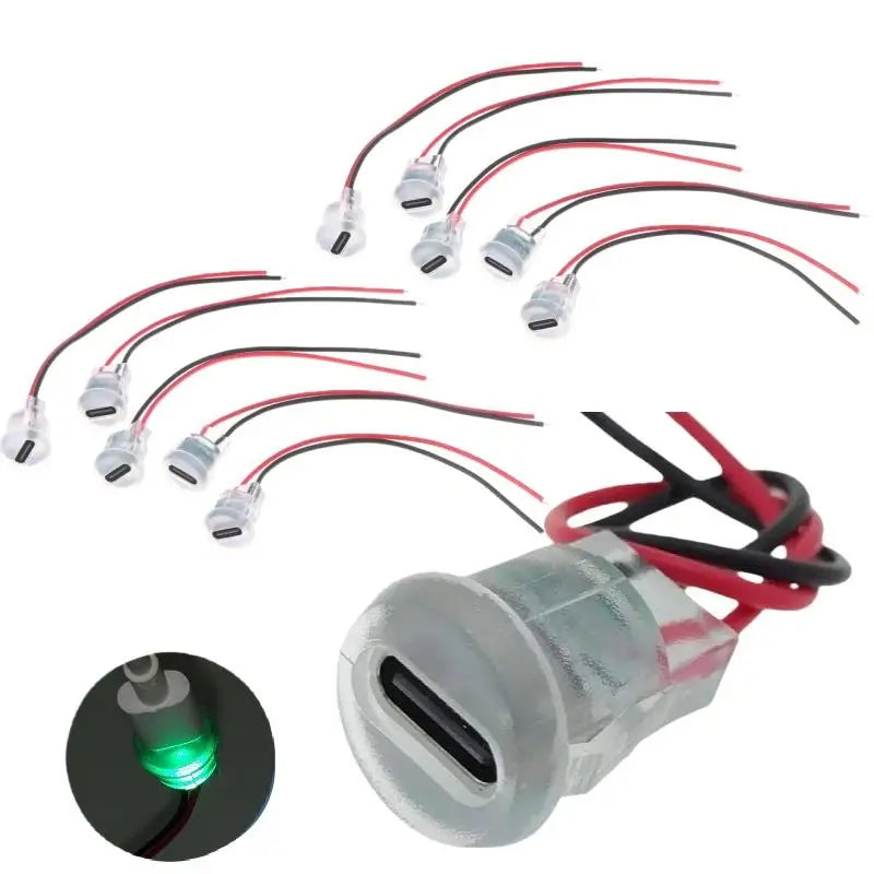 5/10Pcs Transparent 2Pin Waterproof USB-C Female Charging Socket With LED Light Type-C Power Input Connector