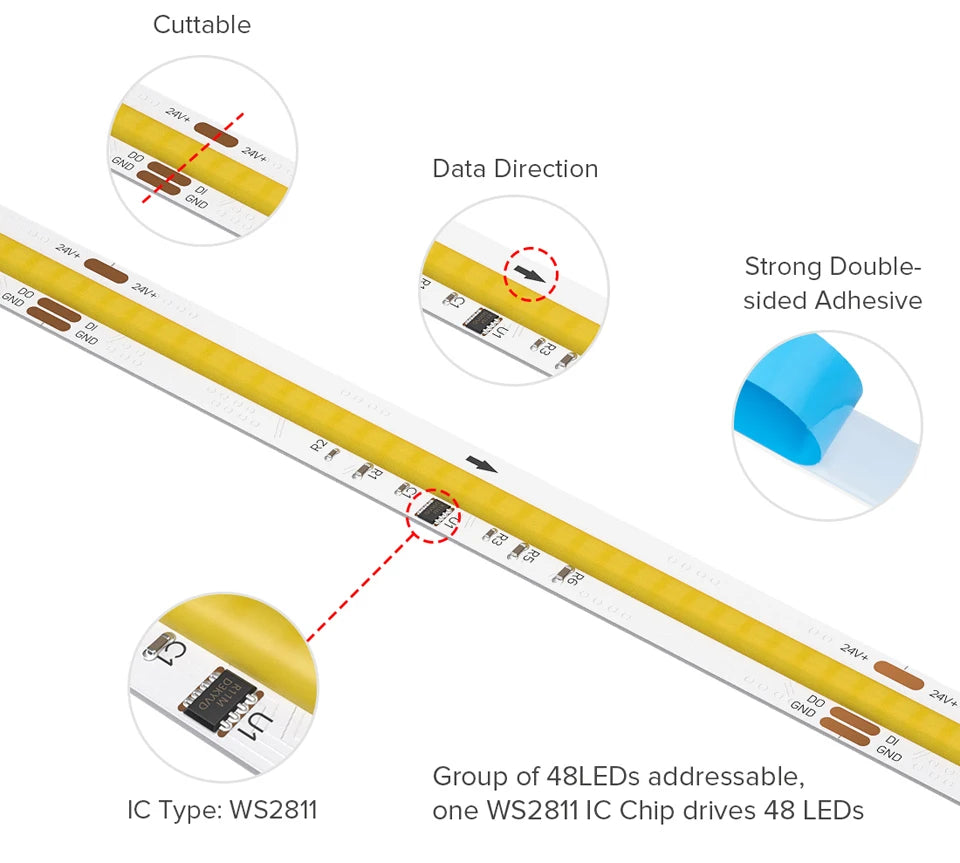 FCOB SPI CCT IC LED Light Strip WS2811 Addressable 576 LEDs 2700K to 6500K 10mm DC24V Flexible FOB High Density COB Lights RA90