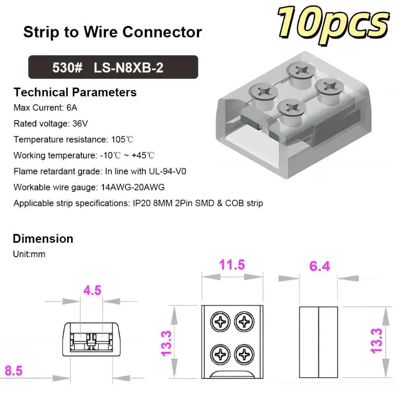 10Pcs Screw Fixing Solder-Free LED Strip Connector 2 Pin Quick Wire Connector For 8mm/10MM LED Light Strip Terminal Adapter