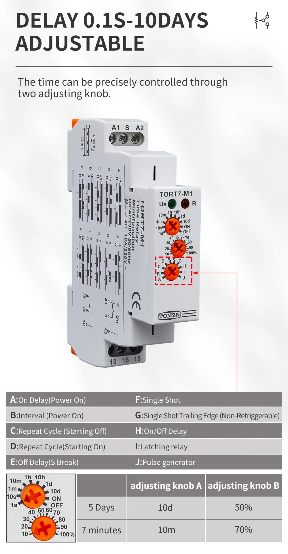 TORT7 Series Delay-ON Delay-OFF 10in1 Asymmetric Cycler Time Relay Multi-function Timer Switch 0.1S-10D Pulse Generator Interval