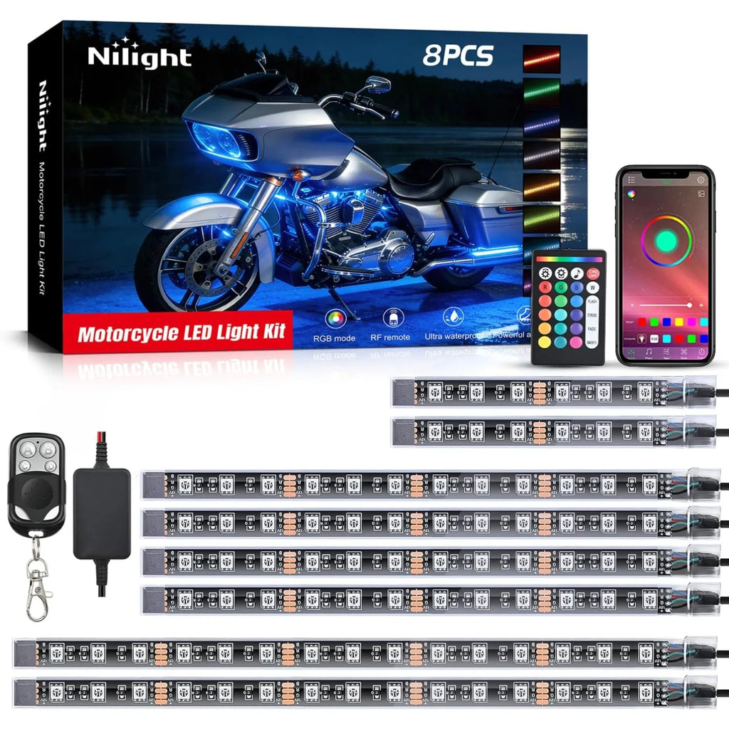 Nilight 8PCS Motorcycle RGB Led Light Kit Waterproof Multi-Color Atmosphere Lights Lamp with 4Key RF Wireless Remote for Harley Davidson Honda Kawasaki Suzuki