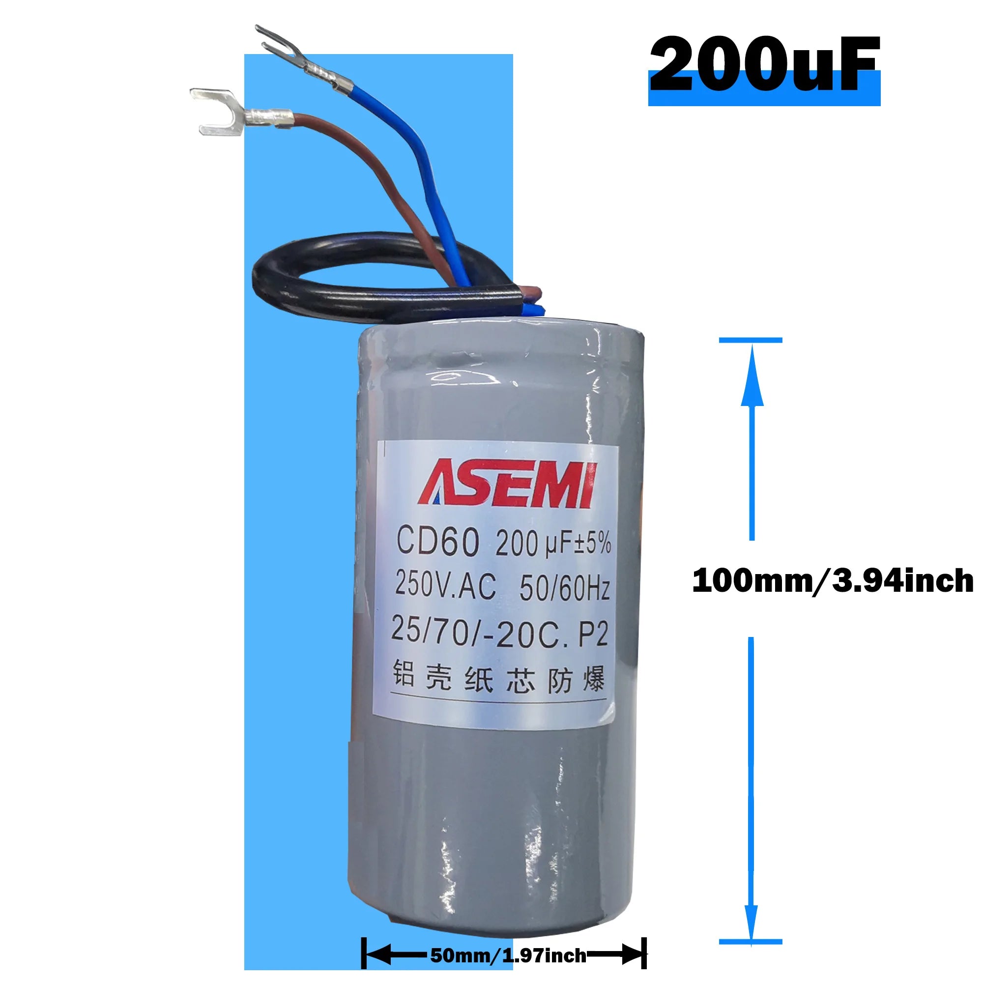 CD60 P2 250V AC 50/60Hz Starting Capacitor Startup Aluminum Shell Paper Core 75uF 100uF 150uF 200uF 250uF 300uF