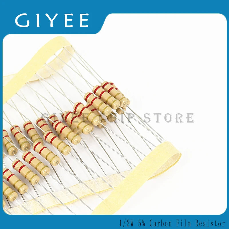 50pcs 1/2w 0.5W 5% Carbon Film Resistor 1R~1M 2.2R 10R 22R 47R 51R 100R 150R 470R 1K 4.7K 10K 47K 1 2.2 10 22 47 51 100 150 ohm