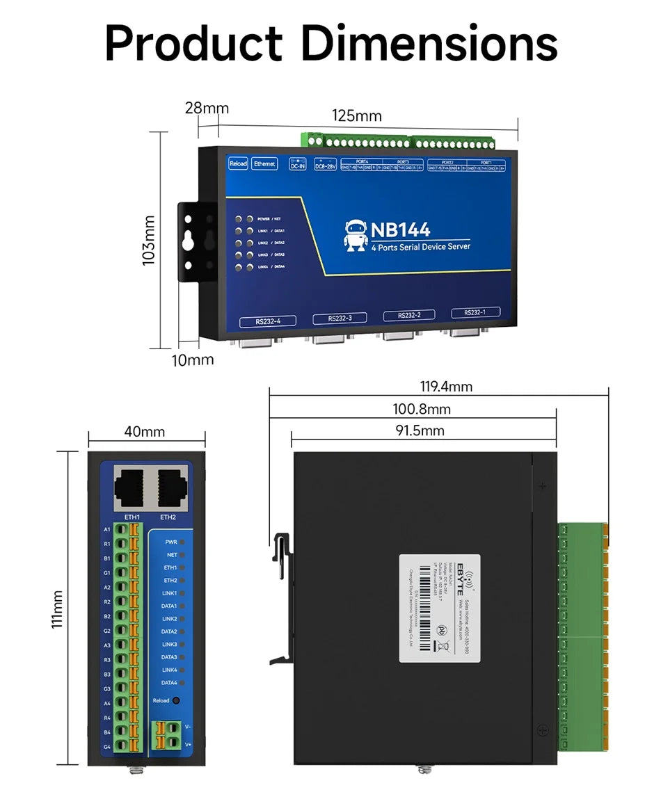 4 Channel Serial Server RS485 RS232 RS422 to Ethernet CDSENET NB144-V2 Series TCP UDP MQTT HTTP Modbus Storage Gateway Watchdog