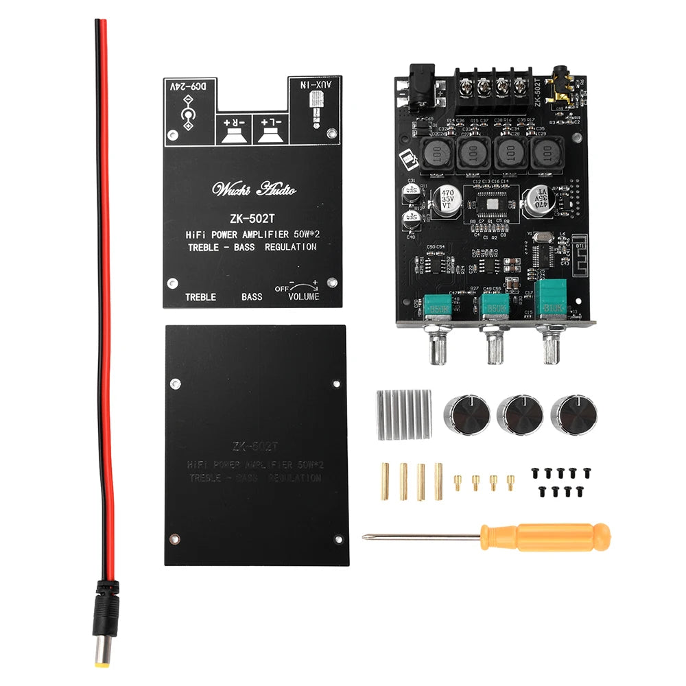 ZK-502T Dual Channel Stereo Power Amplifier Module TPA3116D2 Chip 50Wx2 Bluetooth 5.0 AUX Input DC9-24V High Low Bass Adjustment Audio AMP Board for Speaker DIY