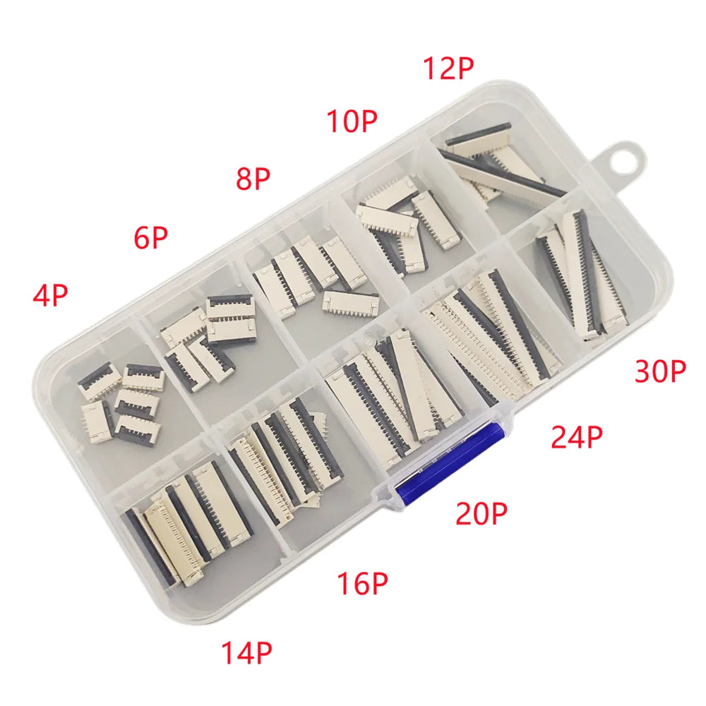 50pcs/Box FPC FFC Flat Cable Connector 1.0mm Pitch Flip Type Under Clamshell Socket 4P 6P 8P 10P 12P 14P 16P 20P 24P 30P Kits