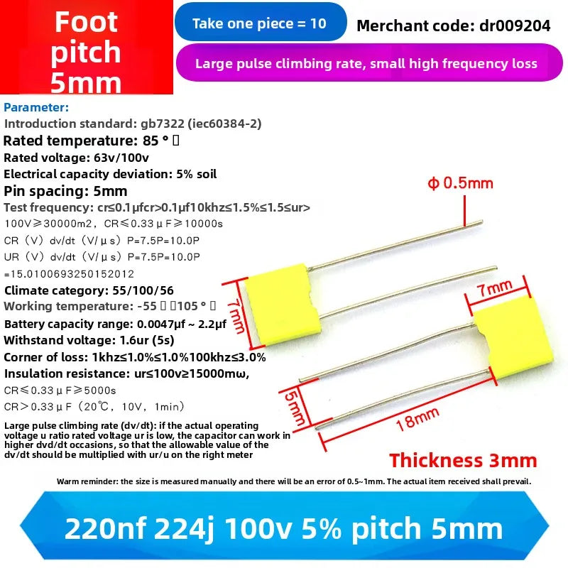 10PCS 100V Correction Capacitor Polypropylene Safety Plastic Film 100V 1nF ~ 470nF 100nf 220nf 10nf 47nf 22nf 1nf 0.47uf 0.1uf
