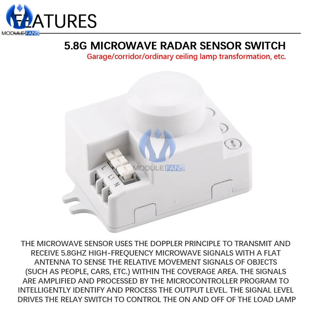 AC 220V 5.8GHz Microwave Radar Sensor Switch Human Body Motion Induction Sensor for LED Light Sensors Switches