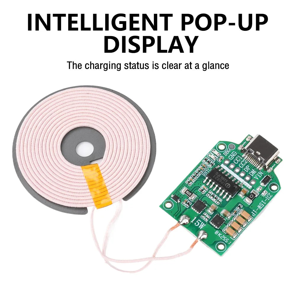 15W High-Power Wireless Charging Transmitter Module, with 5V/9V/12V DC Input, Type-C Port, and Pop-Up Display