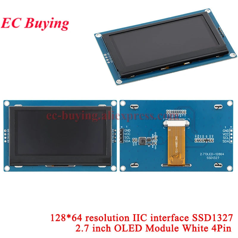 2.7 Inch OLED LCD Display Module 128x64 Drive SSD1325 SSD1327 2.7'' Screen Board 4Pin 7Pin IIC I2C SPI 8-bit Parallel Port White