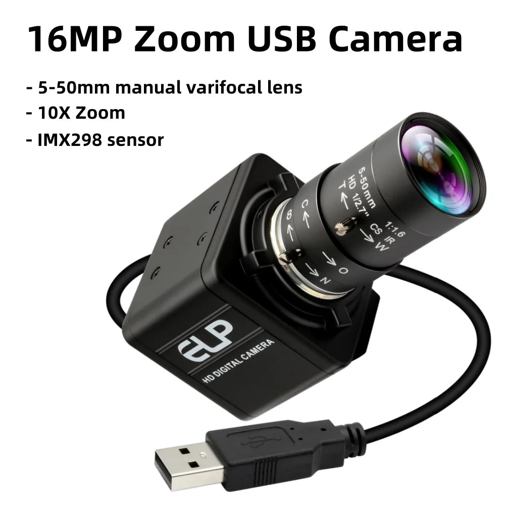 16MP USB Camera IMX298 Industrial Ultra HD Mini Webcam with CS Mount 5-50mm Manual Varifocal Lens Free Driver Plug&Play for PC