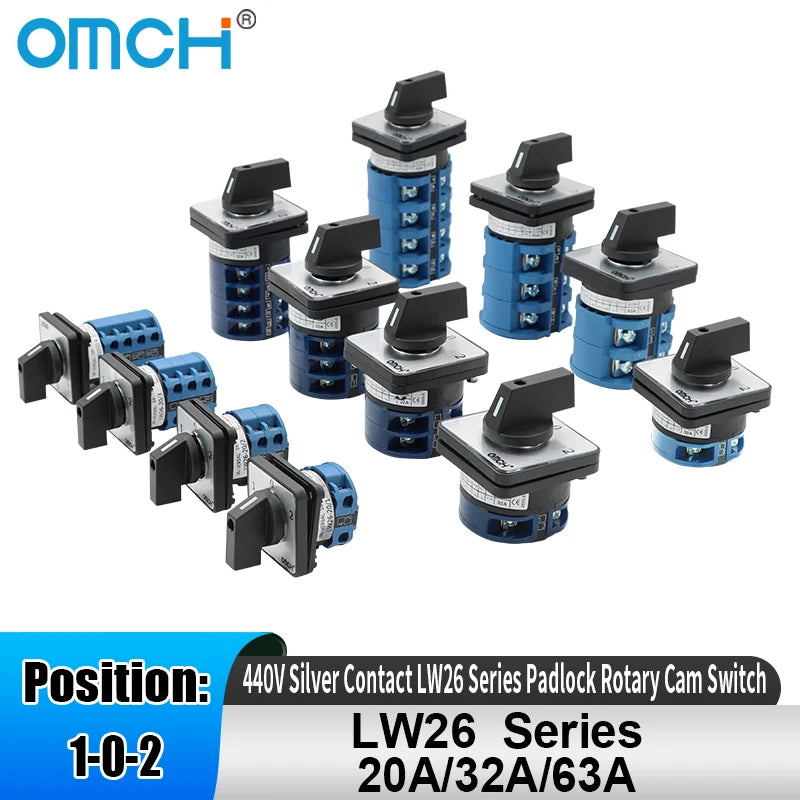 OMCH 1PCS Silver Contact LW26-20/32/63 Universal Switch 3 Position 1-0-2 1/2/3/4 Poles 440V 4/8/12/16Terminals Rotary Cam Switch