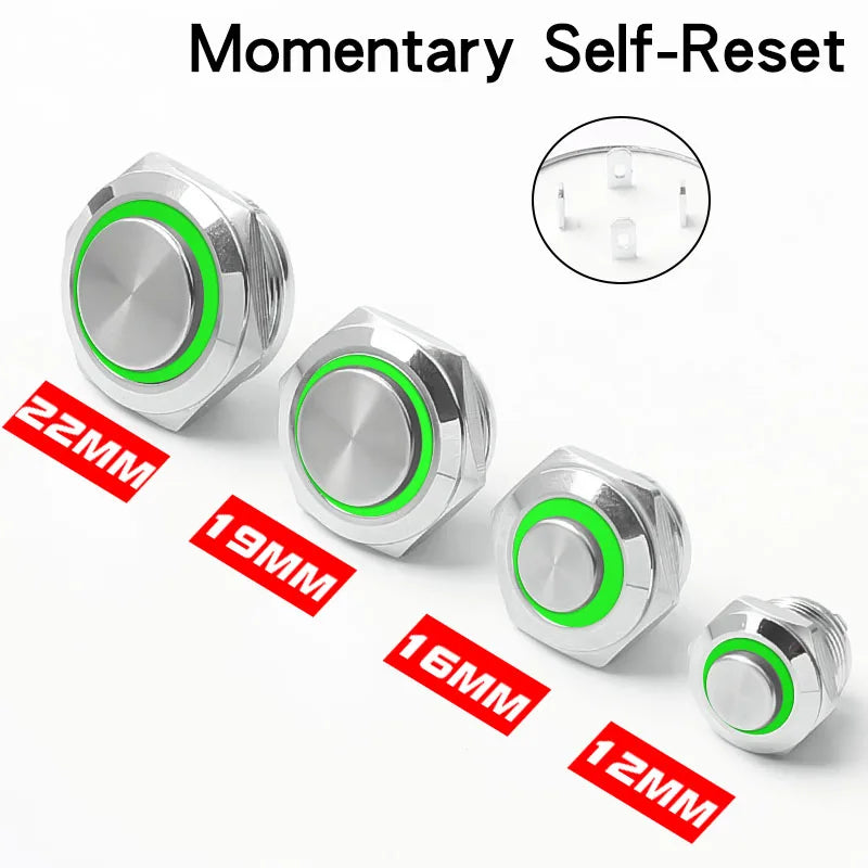 12/16/19/22mm Metal Push Button Switch Short Stroke Silver Shell Waterproof High Head With Power LED Light Momentary 1NO 6V 24V