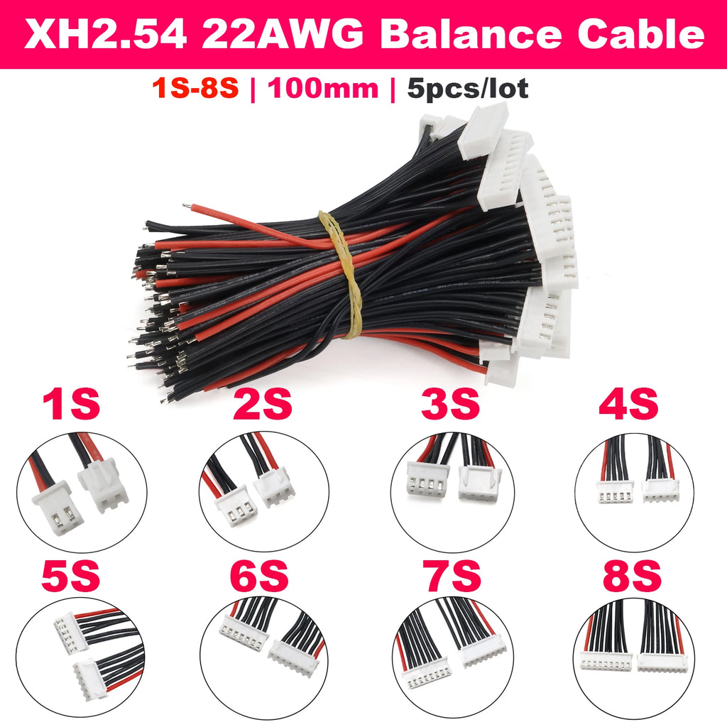 5Pcs JST-XH Balance Charger Cable 1S 2S 3S 4S 5S 6S 7S 8S 22AWG Silicone Wire 10cm Female Plug Extension Cord RC Lipo IMAX B6