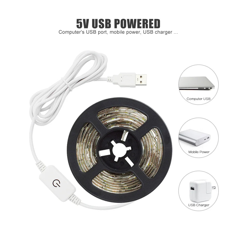 Dimmable 5V LED Strip Lights SMD2835 3528 60Leds/m Waterproof Ribbon Lights TV Backlight USB/Battery Powered Stripe Room Decor