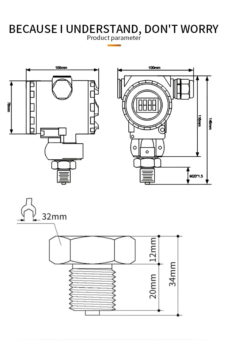 Waterproof LCD Pressure Transmitter Sensor 0-100bar 0-300bar 0-600bar M20*1.5 EX Proof Digital Pressure Sensor Transducer 4-20mA