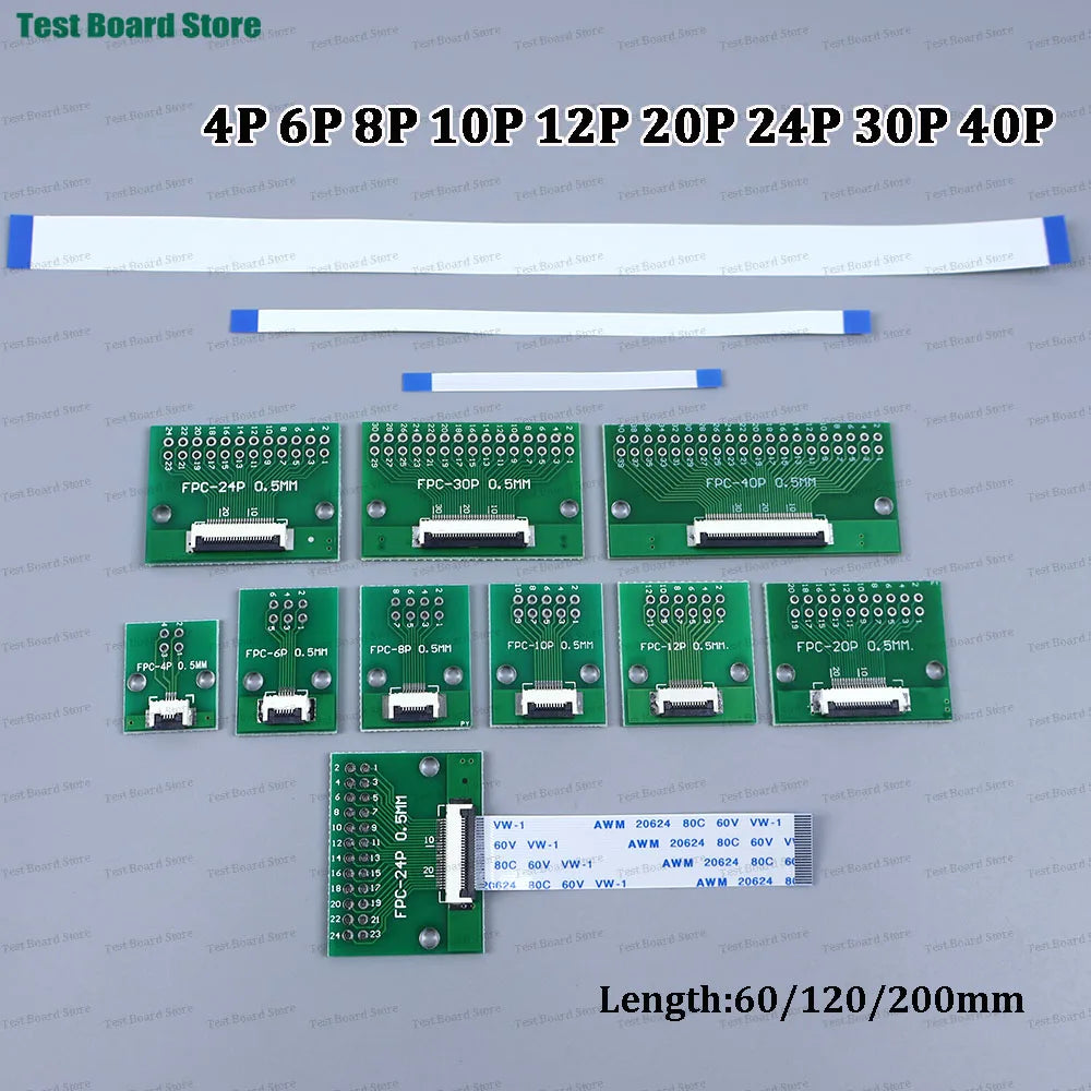 1set FFC/FPC Connector + 0.5mm Pitch 60/120/200mm Length FFC Cable 4P 6P 8P 10P 12P 20P 24P 30P 40PIN