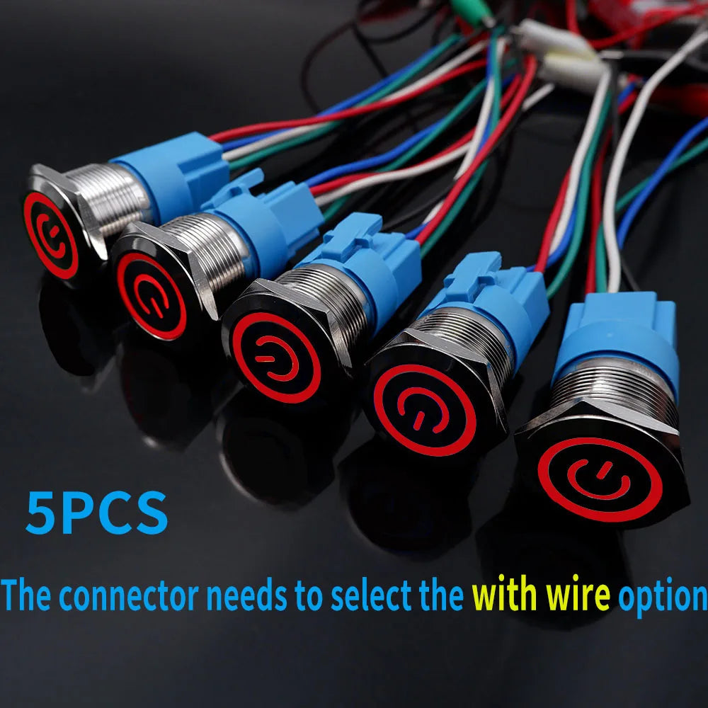 5PCS 16/19/22MM Waterproof Metal Push Button Switch LED Light Momentary Latching Car Engine Power Switch Socket 5V 12V 24V 220V