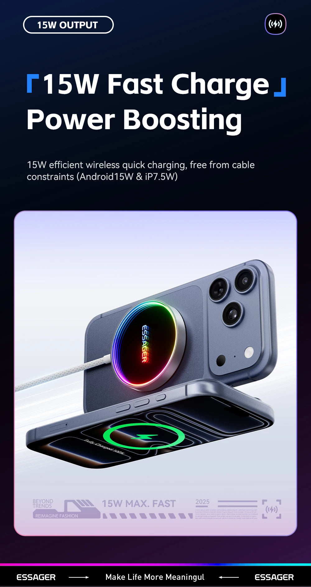 ESSAGER 15W Magnetic Wireless Chargers Qi Qi2 Wireless Charger Fast Charging Pad for iPhone 17 16 15 14 Mini Phone Charger