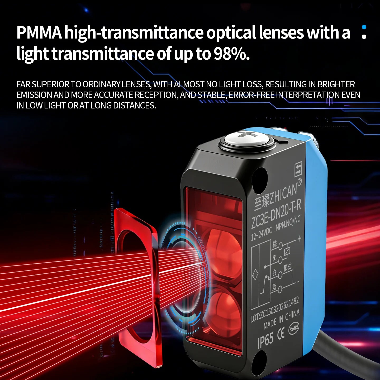 ZHICAN ZC3E Long Range Photoelectric Sensor 2m Diffuse Reflective Switch NPN NO 24V DC Object Detection
