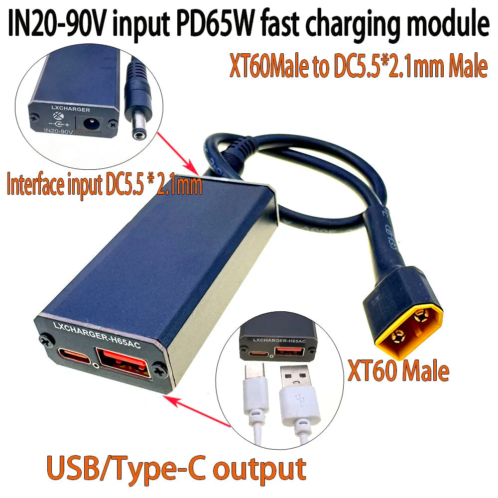 XT60 XT90 DC20-90V PD65W PD/QC2.0 3.0 USB Type-C Mobile Phone Quick Charge Adapter Step Down Module For Apple for Huawei SCP/FCP