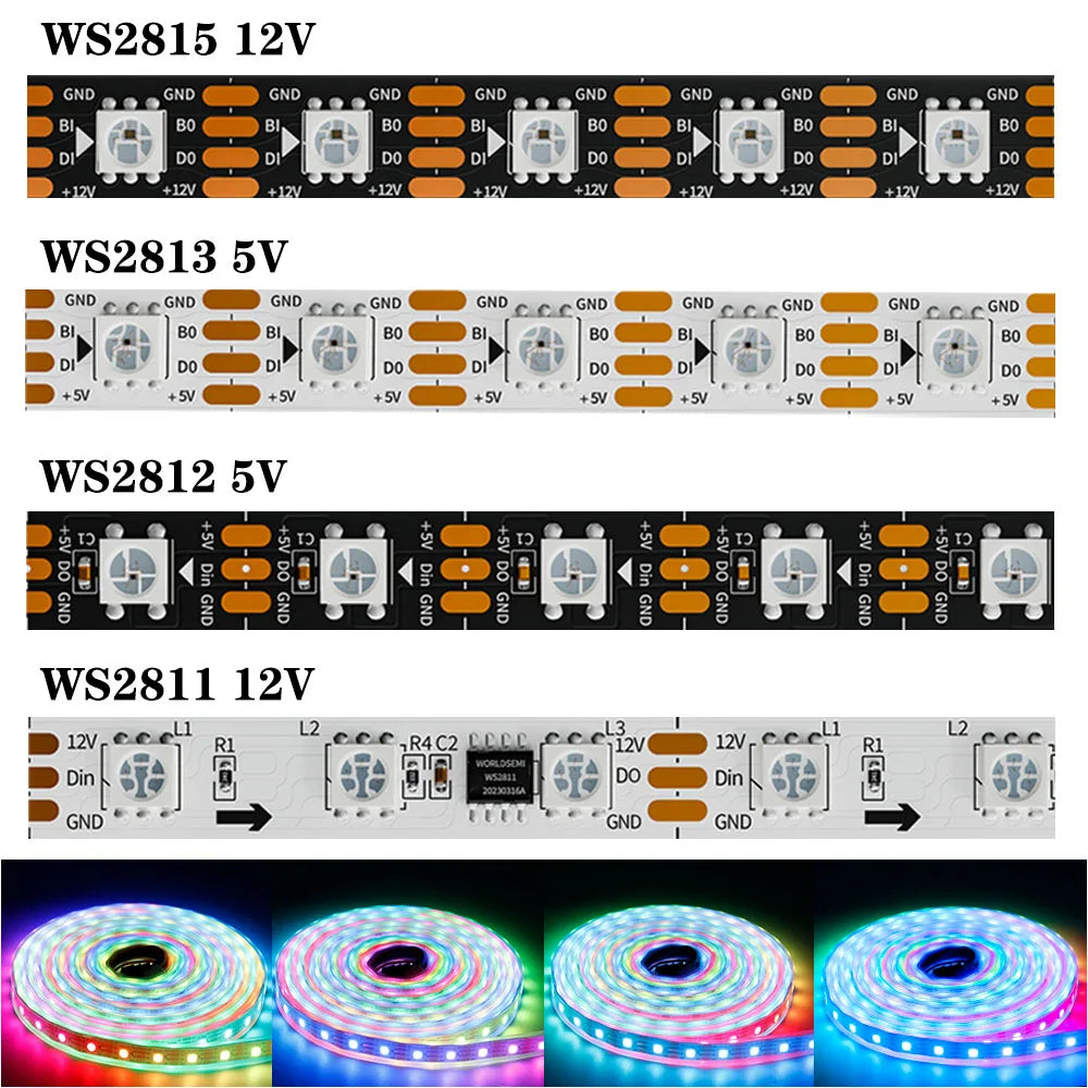WS2812B WS2811 WS2815 WS2813 DC5V/12V RGB LED Strip WS2812 30/60/144pixels/Leds/M Individually Addressable Tape Light IP30/65/67