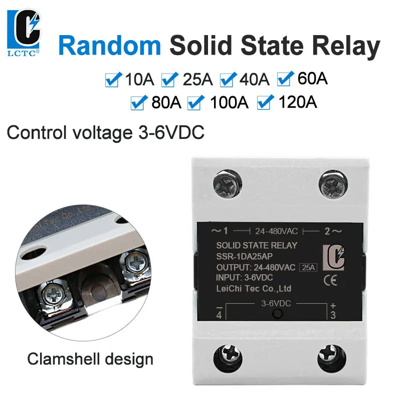 LCTC SSR Random Solid State Relay 10A 25A 40A 60A 80A 100A 120A DC Control AC Single Phase Control 3-6VDC 24-480VAC