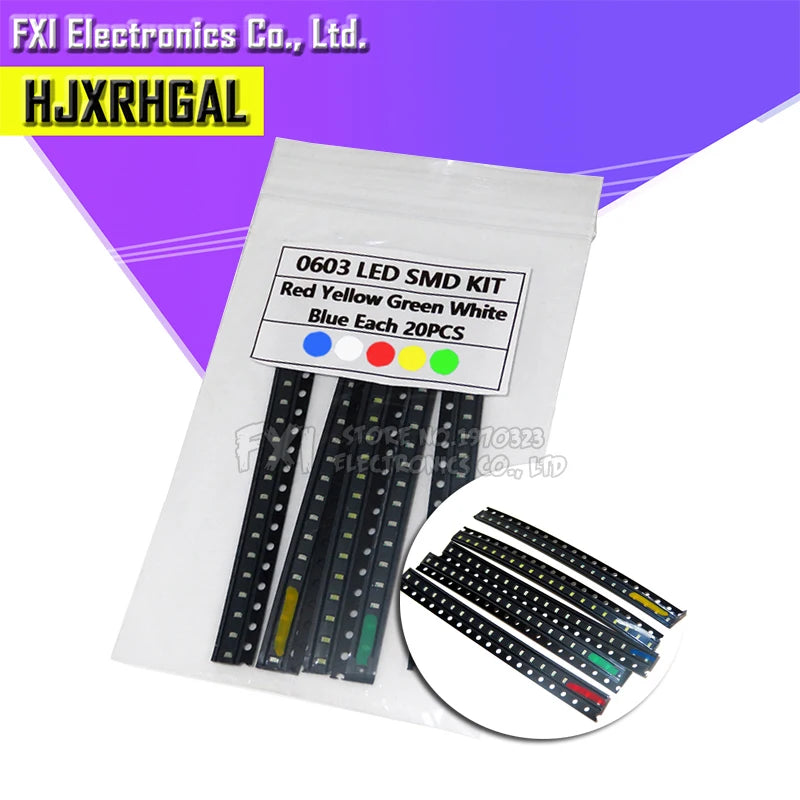 100PCS=5 colors x 20pcs 1210 1206 0805 0603 LED Diode Assortment SMD LED Diode Kit Green/ RED / White / Blue / Yellow