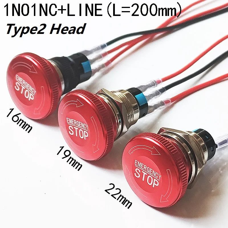 16mm 19mm 22mm Emergency Stop Metal Button Mushroom Head Push Button Stop Switch 1NO1NC 2NO2NC Latching Switch Retention On Off