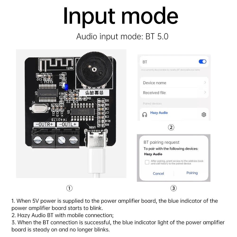 XH-A164 PAM8403 Digital Bluetooth Amplifier Board 5V Type-C 5W+5W Dual Channel Audio Amp for DIY and Car Speaker Subwoofer