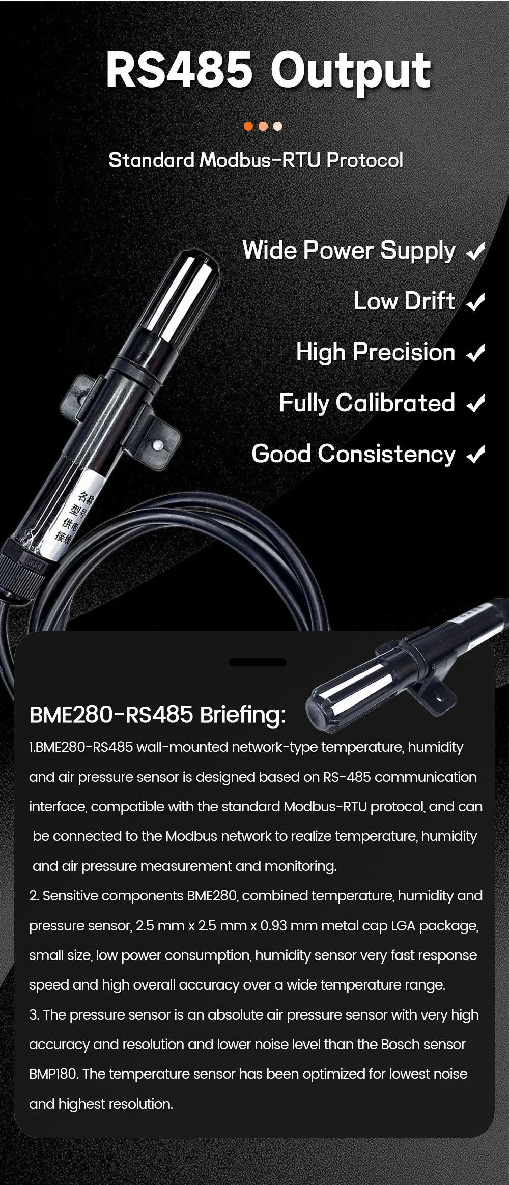 BME280 High Precision Temperature and Humidity Sensor Probe Cable 1M 2M 3M 5M Digital Sensor I2C or RS485 Waterproof Shield