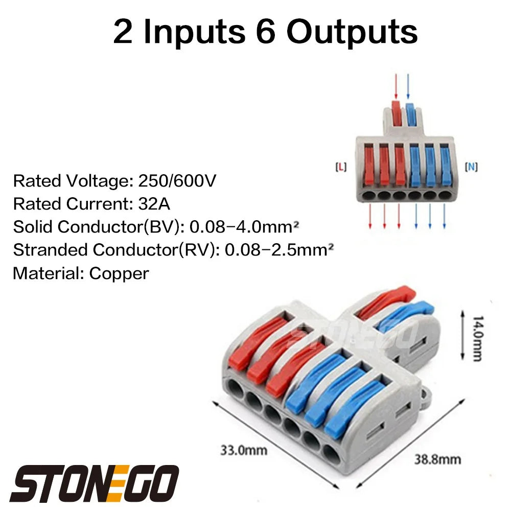 STONEGO Wire Fast Connector 2 In 4/6/8 Out Wire Splitter Terminal Compact Wiring Cable Connector