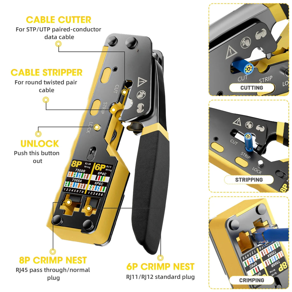 Kebidumei RJ45 Crimp Plier Pass Through Ethernet Modular Plug Crimping Tool for Cat6 Cat5/5e RJ45 Connectors 8P6P RJ11 Connector