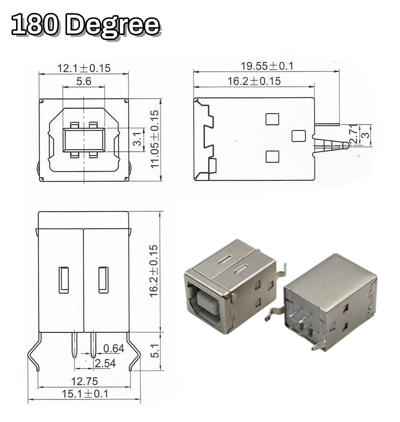 5pcs Square USB-B Type Female Socket 90/180 Degrees 4Pin Right Angle PCB Welding Connector For USB D-type Printer Interface