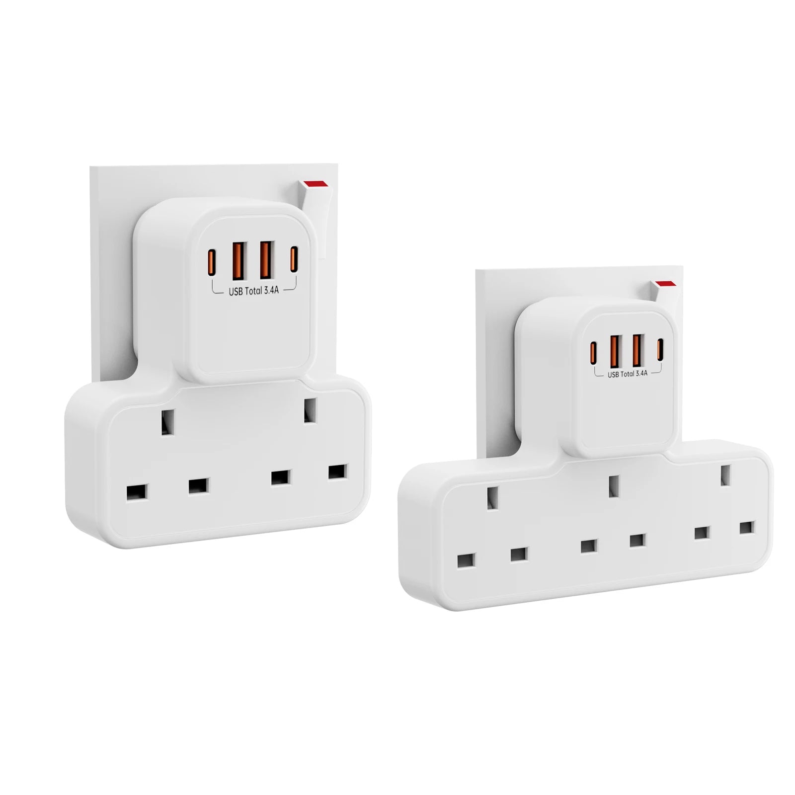 3250W Uk Ac Plug Power Strip Electrical Wall Mounted Outlet Multitap Network Filter with 2 Usb-A 2 Usb-C Charging Adapters
