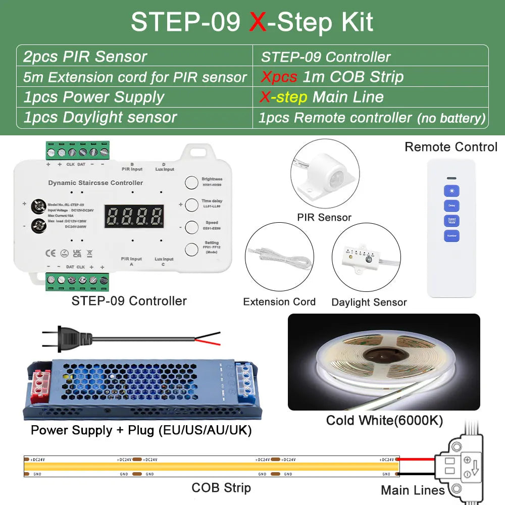 COB LED Strip PIR Motion Sensor Stair Lights Kit Step by Step Control Indoor Smart Staircase Lighting Controller with Main Line