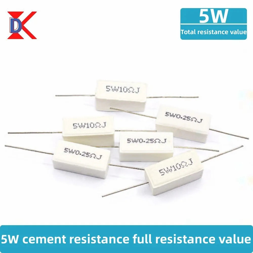 10Pcs 5W Ceramic Cement Resistor 5% In A Pack 0.1R 0.22 0.33 0.5 Ohm 6.8K 0.25R 0.5R 3R 27R 12R 100R Non-inductive Resistors