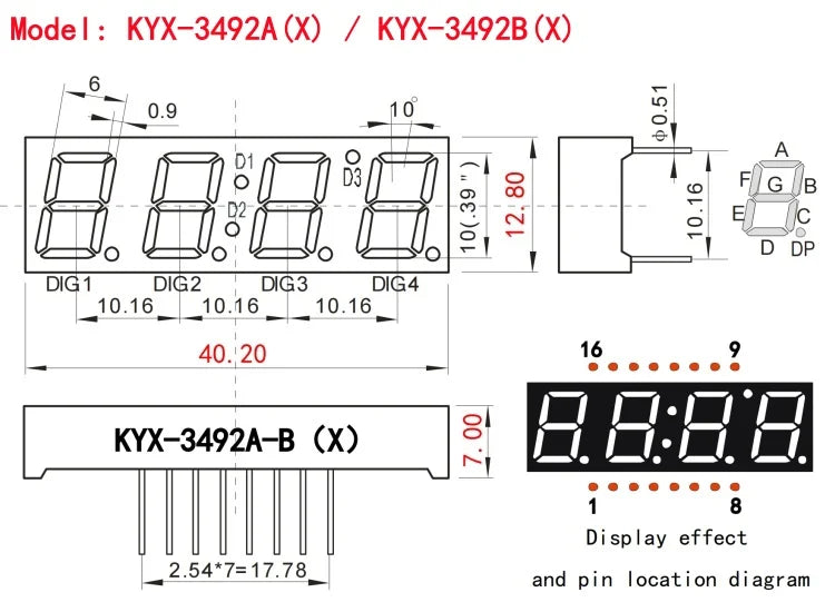 10PCS 0.39-inch 4-digit clock digital tube 40.2X12.8mm digital display "8" height 10mm seven-segment digital tube 3492series3942