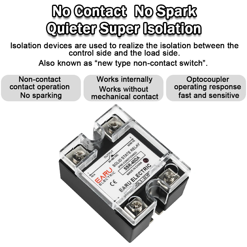 EARU Single Phase Solid State Relay Module SSR-25DA SSR-40DA SSR-40AA SSR-40DD SSR 10A/25A/40A/60A/80A/100A/120A/150A DD DA AA