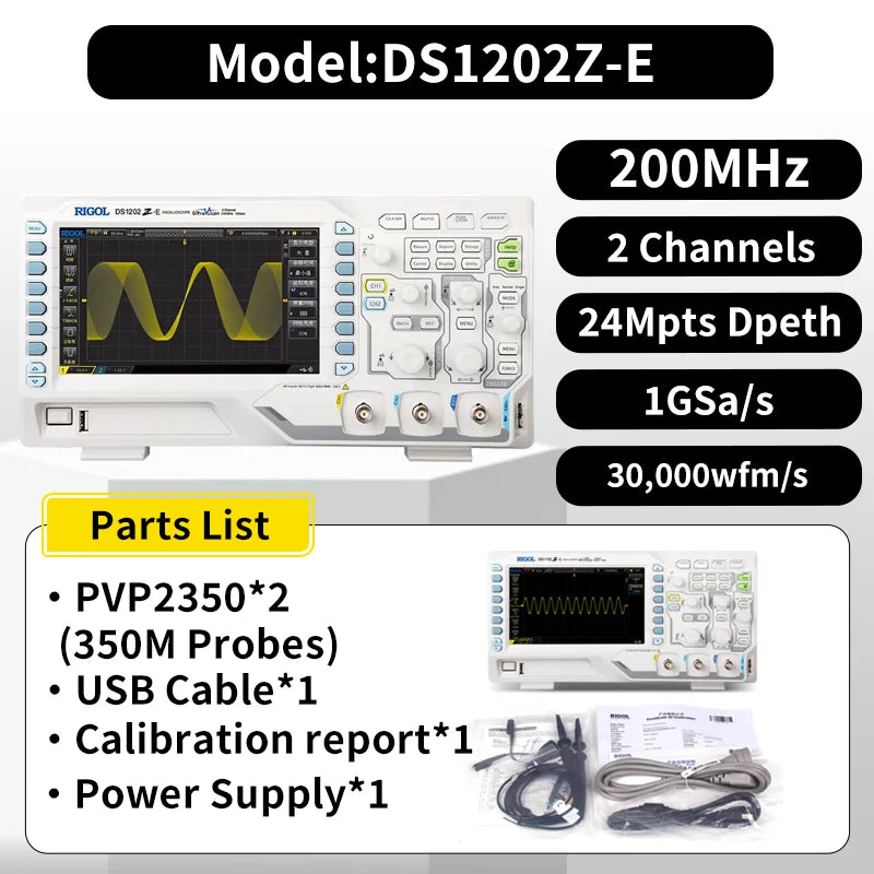 RIGOL DS1102Z-E/DS1202Z-E Digital Oscilloscopes 2Ch 100M/200M BandWidth 24Mpts Depth Support RS232/UART/I2C/SPI Bus Decoding