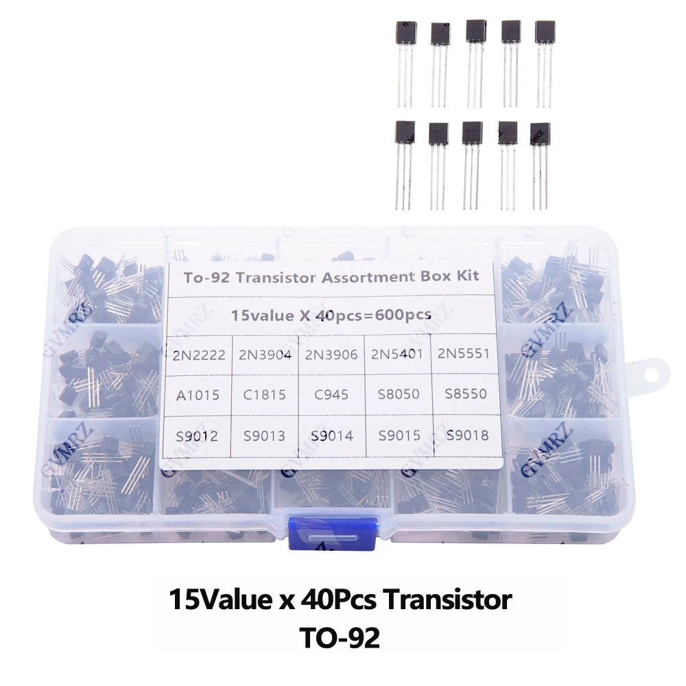 600PCS 15Value x 40Pcs Transistor TO-92 Assortment Box Kit Transistors 2N2222 2N3904 2N3906 Direct-plug triode box C945 S8050