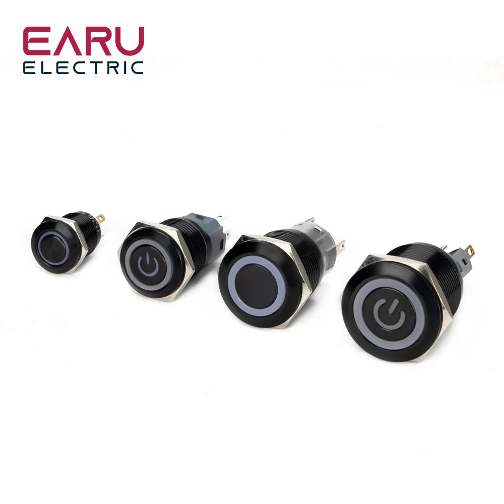 12/16/19/22mm Waterproof Metal Push Oxidized Black Button Switch LED Light Momentary Latching Car Engine Power Switch 5V 12V 24V