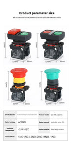 XB4 22mm Emergency Stop Button Switch Double Button Switch with Light Momentary Self Reset Mushroom Power Push Button Switch 10A