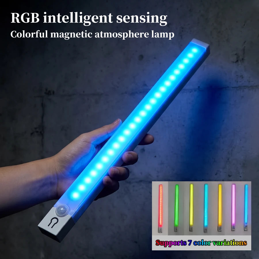 30cm 50cm Magnetic LED RGB Cabinet Light with Motion Sensor USB-C Wireless Night Light with 5 Modes for Closet Gaming Atmosphere