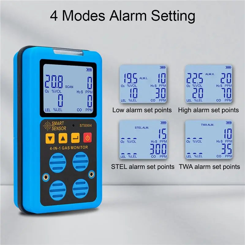 4X Smart Sensor Gas Detector Oxygen O2 Hydrogen Sulfide H2S Carbon Monoxide CO Combustible Gas LEL Gas Meter