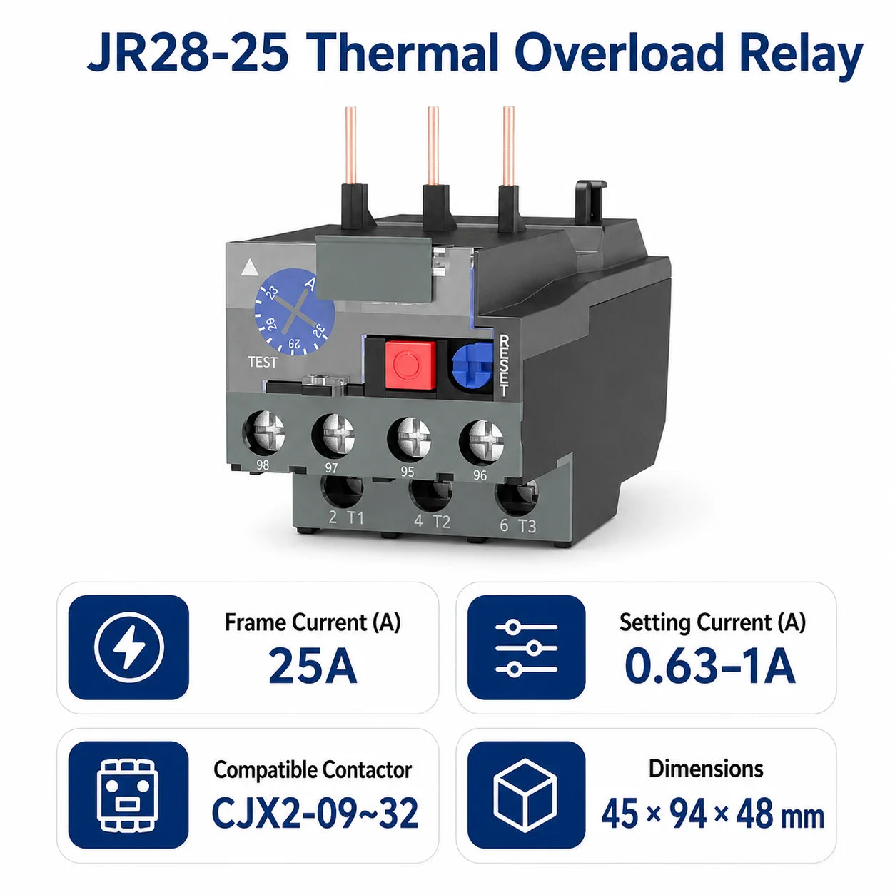 JR28 Series Thermal Overload Relay 25A 36A  Adjustable Current Motor Protection Electrical Overload Protector for AC Contactor
