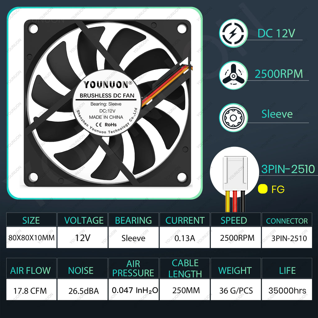 YOUNUON 80MM Fan 5V USB Fan 80x80x10mm 8cm DC 5V 12V 24V 8010 Fan Brushless Cooling Cooler PC Fan Computer Case  Fan Cooler