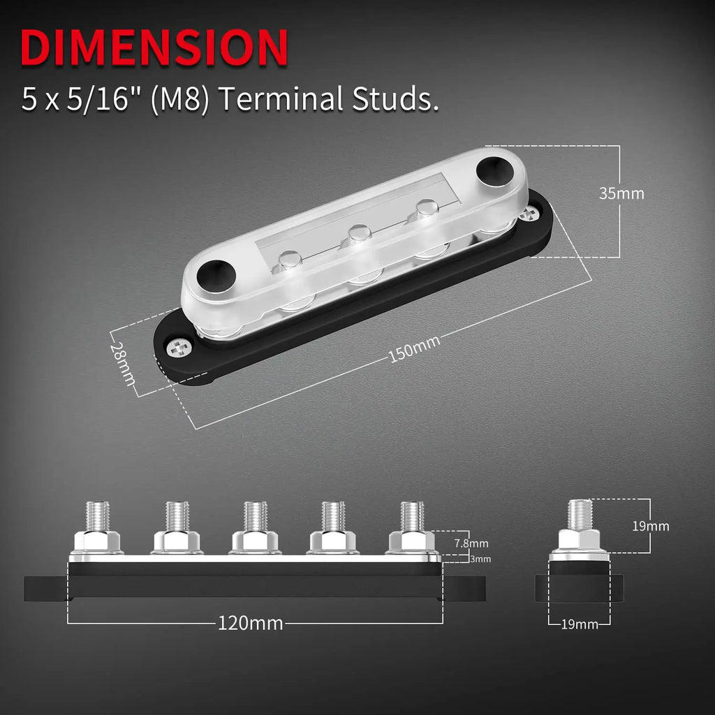 DaierTek 12V Power Distribution Block 5 x 5/16" (M8) Terminal Studs 12V Bus Bar Max 300V AC 48V DC Battery Distribution Block