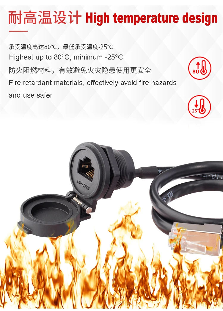 8P8C Ethernet IP65 Waterproof Retardant Terminal Network LAN Cable RJ45 Signal Connector Adapter Socket with Rubber Cap Cover