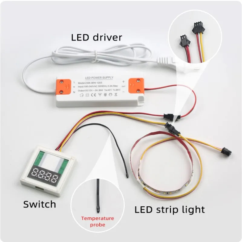 DC12V Touch Dimmer 5A 60W Single-Button Touch Time and Temperature Display LED Sensor Switch, Suitable for Bathroom Mirrors